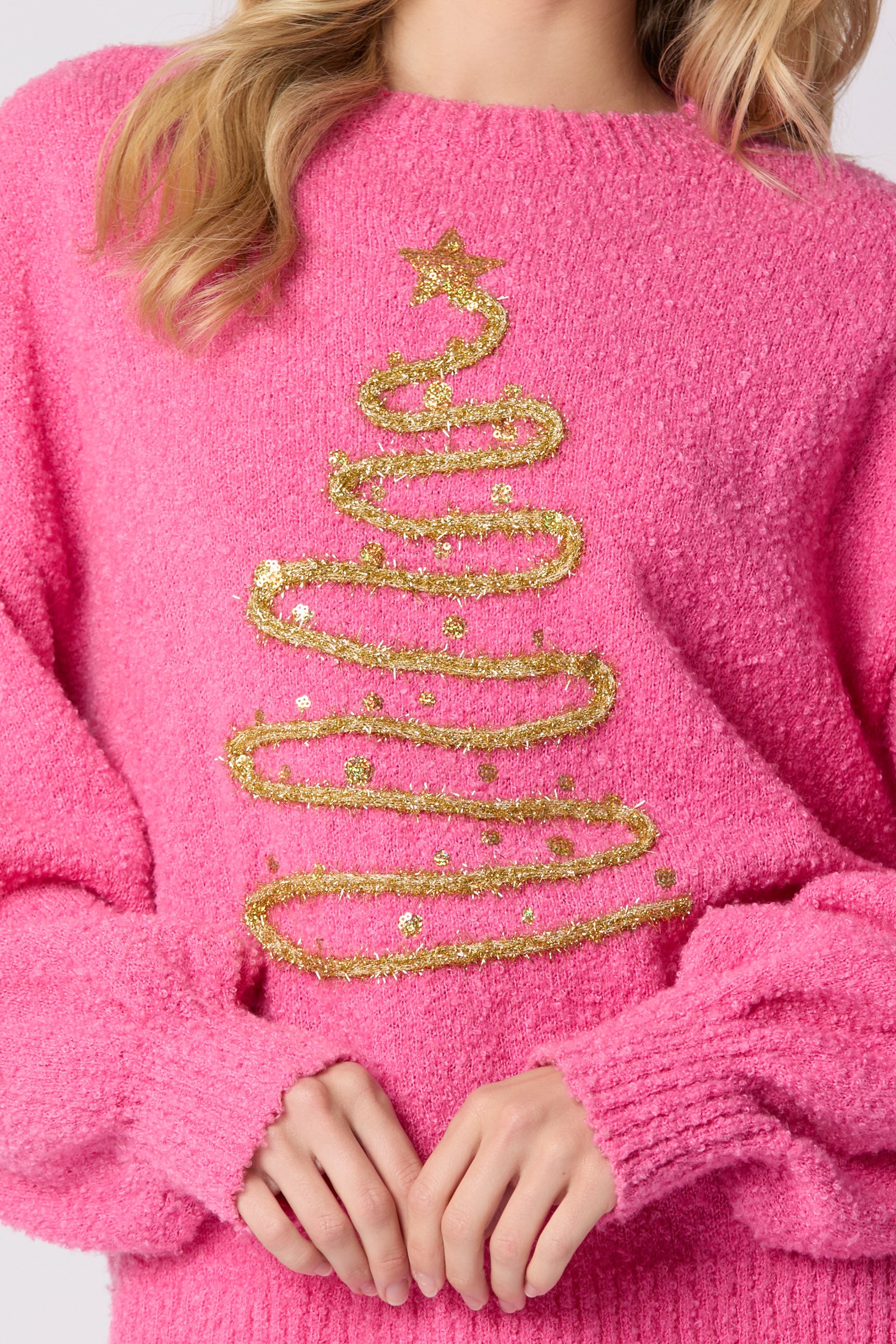 Peach Love Pink Christmas Tree Lurex Thread Embroidery Sweater-Sweaters-Peach Love-Deja Nu Boutique, Women's Fashion Boutique in Lampasas, Texas