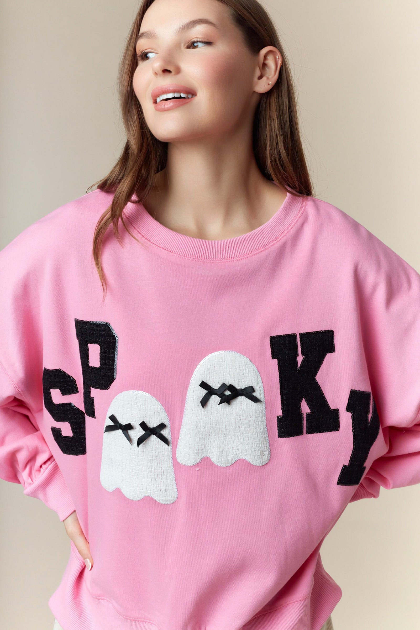 Peach Love Pink Halloween ‘Spooky’ Sweatshirt with Ghost Patches-sweatshirt-Peach Love-Deja Nu Boutique, Women's Fashion Boutique in Lampasas, Texas