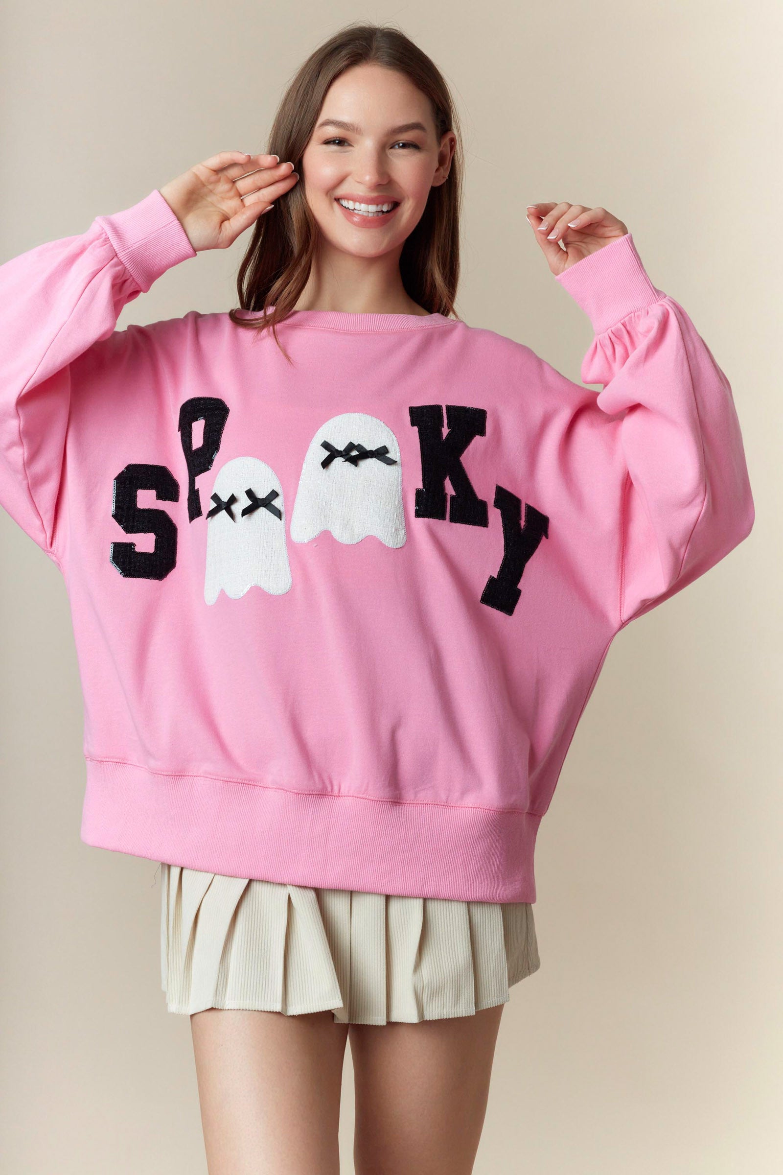 Peach Love Pink Halloween ‘Spooky’ Sweatshirt with Ghost Patches-sweatshirt-Peach Love-Deja Nu Boutique, Women's Fashion Boutique in Lampasas, Texas