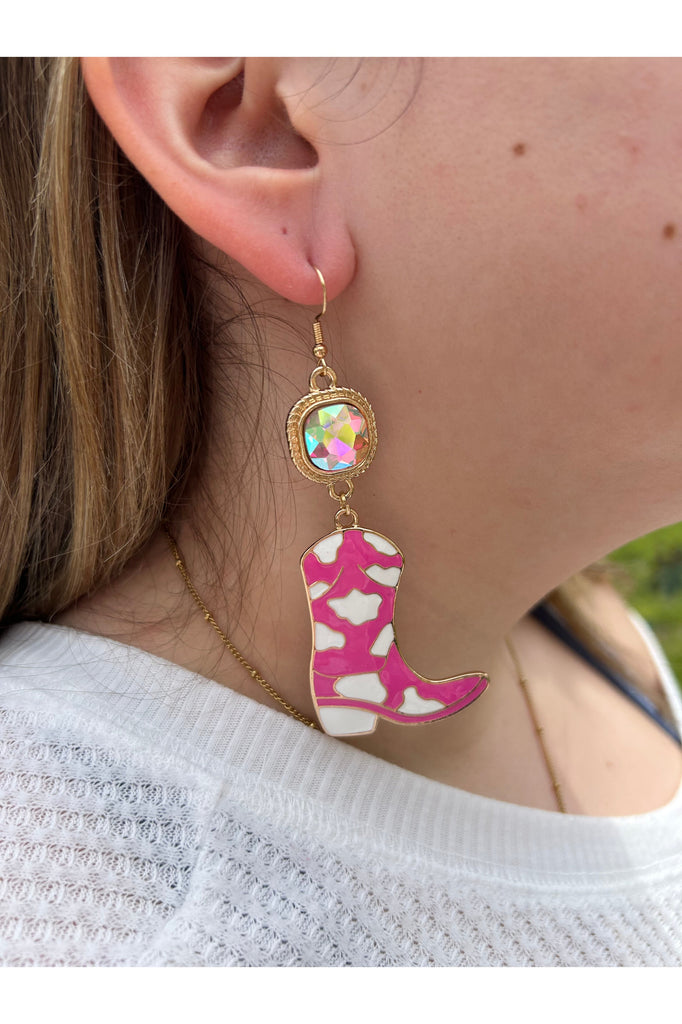 Pink And White Cowboy Boot Drop Earrings With AB Crystal Connector-Earrings-Deja Nu-Deja Nu Boutique, Women's Fashion Boutique in Lampasas, Texas
