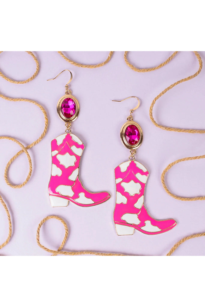 Pink And White Cowboy Boot Drop Earrings With Hot Pink Crystal Connector-Earrings-Deja Nu-Deja Nu Boutique, Women's Fashion Boutique in Lampasas, Texas