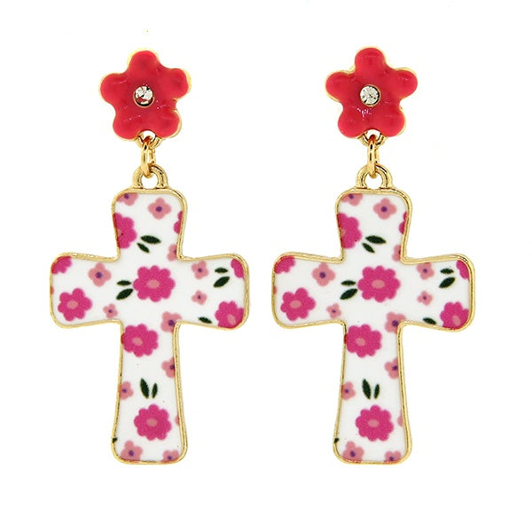 🌸 Pink Floral Cross Drop Earrings with Crystal Flower Post-Earrings-Deja Nu-Deja Nu Boutique, Women's Fashion Boutique in Lampasas, Texas