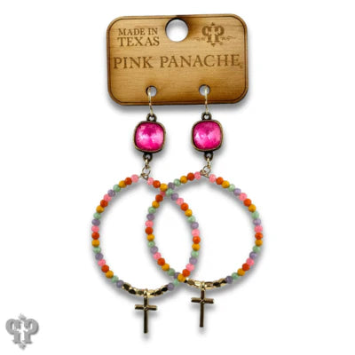 Pink Panache Crystal Cross Hoop Earrings – Pink & Purple Beaded Styles-Earrings-Pink Panache-Deja Nu Boutique, Women's Fashion Boutique in Lampasas, Texas