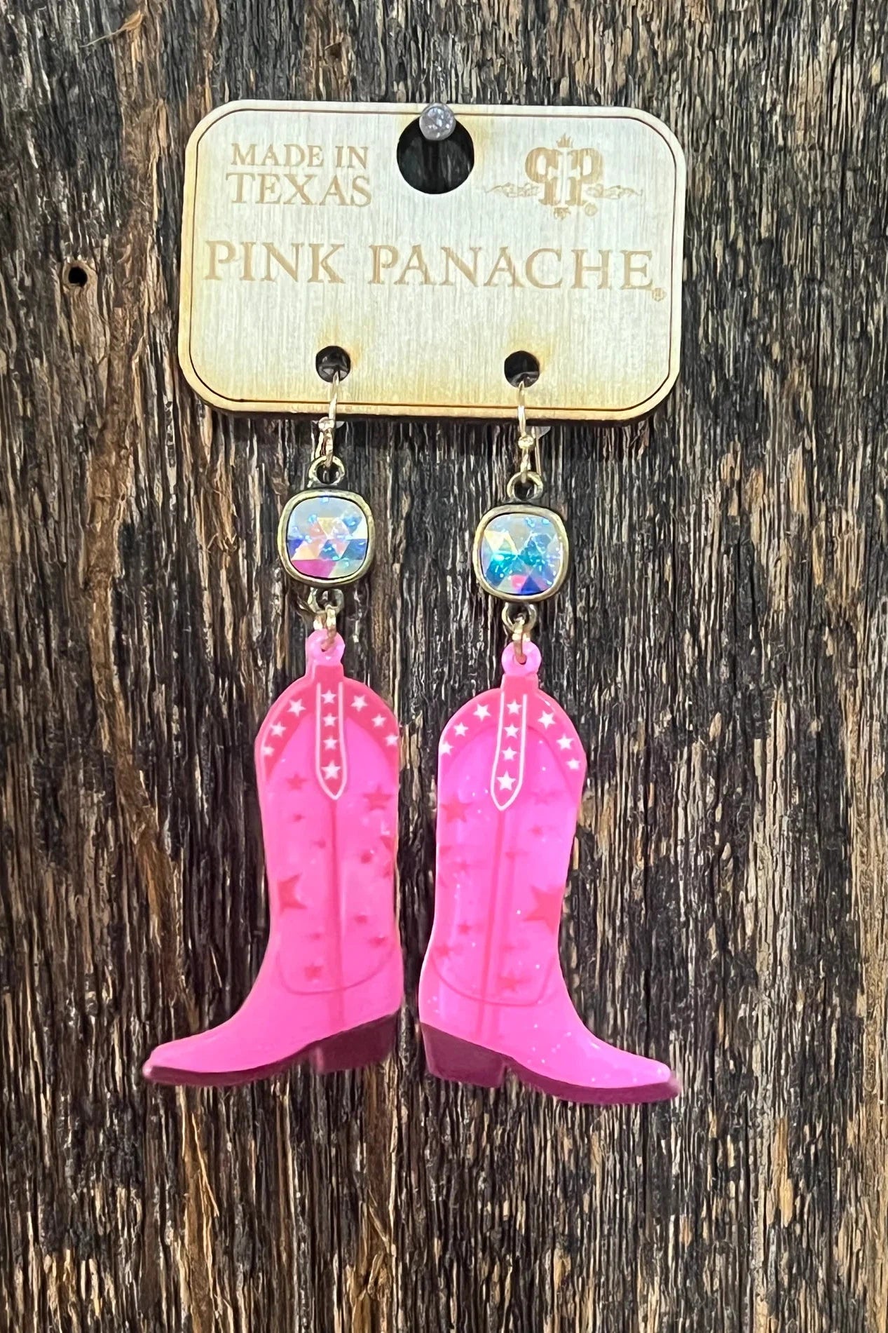 Pink Panache Gold Crystal Accent Pink Acrylic Boot Earrings-Earrings-Pink Panache-Deja Nu Boutique, Women's Fashion Boutique in Lampasas, Texas