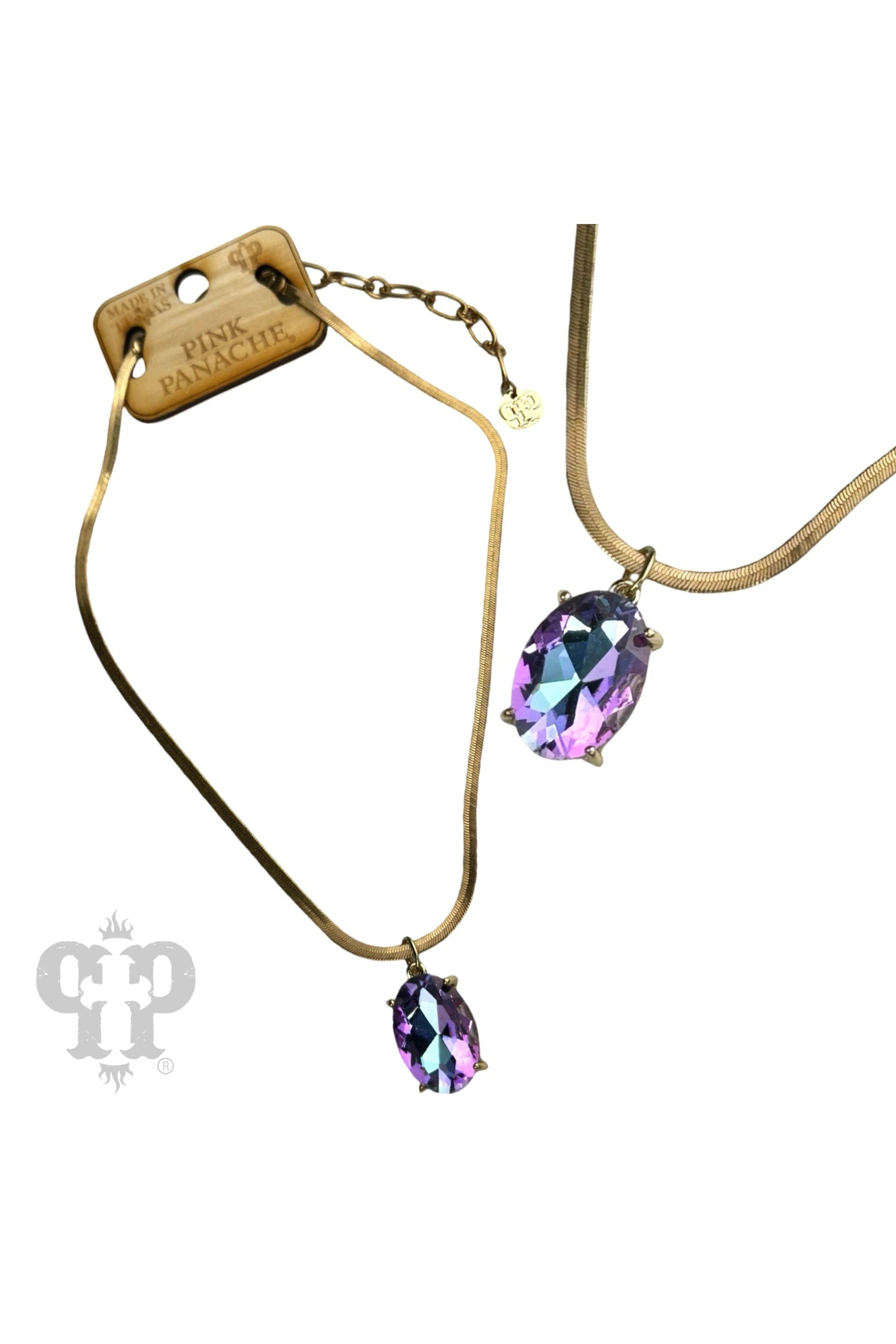 Pink Panache Gold Necklace With Oval Purple Rhinestone Drop Pendant-Necklaces-Pink Panache-Deja Nu Boutique, Women's Fashion Boutique in Lampasas, Texas