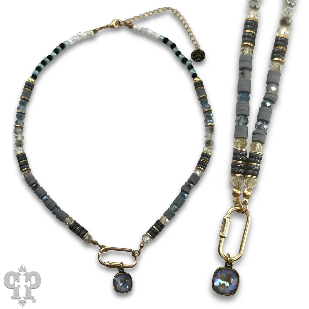 Pink Panache Gray Austrian Crystal Beaded Necklace with Stone Disc Accents-Necklaces-Pink Panache-Deja Nu Boutique, Women's Fashion Boutique in Lampasas, Texas