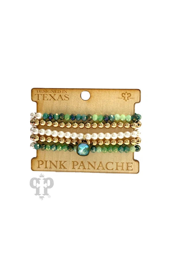Pink Panache Green Bead Mix Five Strand Bracelet Set With Austrian Crystal Drop-Bracelets-Pink Panache-Deja Nu Boutique, Women's Fashion Boutique in Lampasas, Texas