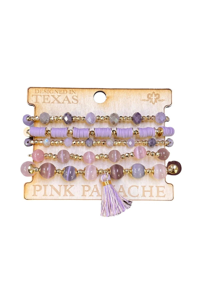 Pink Panache Lavender Five Strand Wood And Bead Bracelet Set With Tassel-Bracelets-Pink Panache-Deja Nu Boutique, Women's Fashion Boutique in Lampasas, Texas