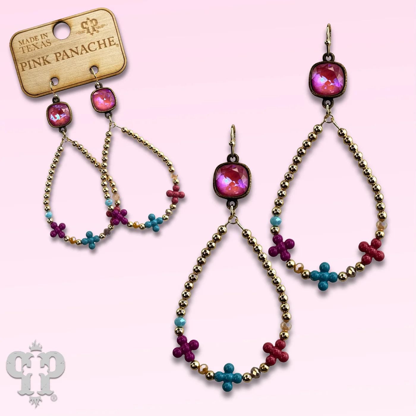 Pink Panache Multi Color Flower Bead Hoop Earrings with Pink Austrian Crystal-Earrings-Pink Panache-Deja Nu Boutique, Women's Fashion Boutique in Lampasas, Texas