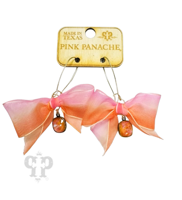 Pink Panache Peach Chiffon Bow Earring With Austrian Crystal Drop-Earrings-Pink Panache-Deja Nu Boutique, Women's Fashion Boutique in Lampasas, Texas