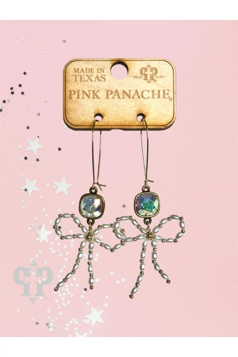 Pink Panache Pearl Bead Bow Dangle Earrings In Gold With Austrian Crystal-Earrings-Pink Panache-Deja Nu Boutique, Women's Fashion Boutique in Lampasas, Texas
