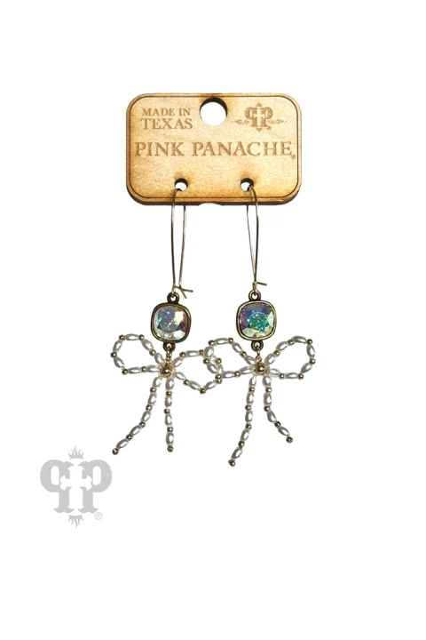 Pink Panache Pearl Bead Bow Dangle Earrings In Gold With Austrian Crystal-Earrings-Pink Panache-Deja Nu Boutique, Women's Fashion Boutique in Lampasas, Texas
