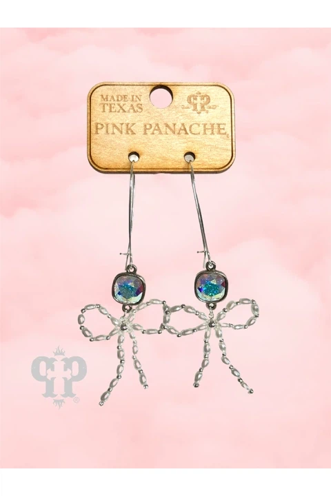 Pink Panache Pearl Bead Bow Dangle Earrings In Silver With Austrian Crystal-Earrings-Pink Panache-Deja Nu Boutique, Women's Fashion Boutique in Lampasas, Texas