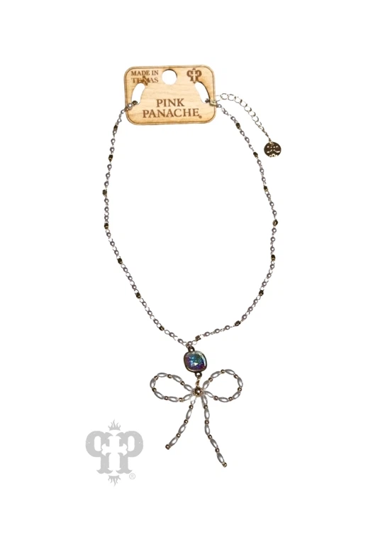 Pink Panache Pearl Beaded Bow Necklace In Silver With Austrian Crystal-Necklaces-Pink Panache-Deja Nu Boutique, Women's Fashion Boutique in Lampasas, Texas