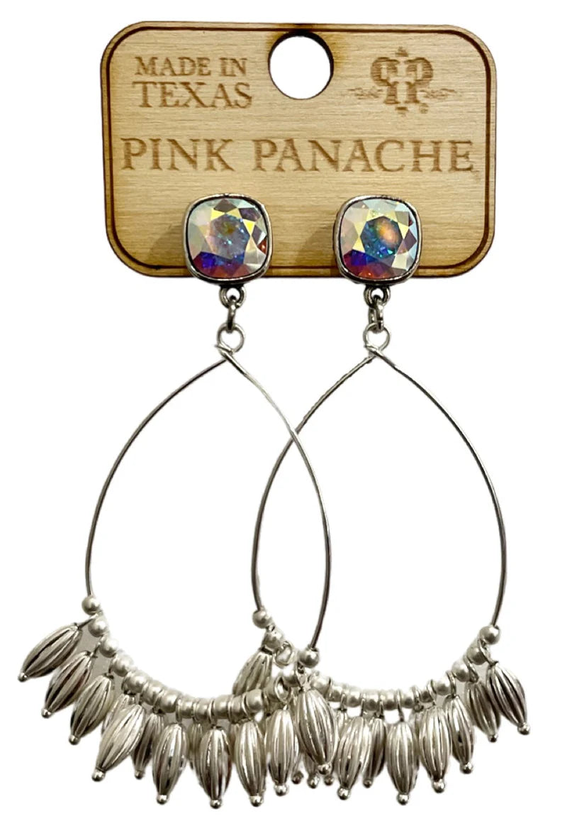 Pink Panache Silver Bead Fringe Teardrop Earrings with AB Crystal Stud-Earrings-Pink Panache-Deja Nu Boutique, Women's Fashion Boutique in Lampasas, Texas