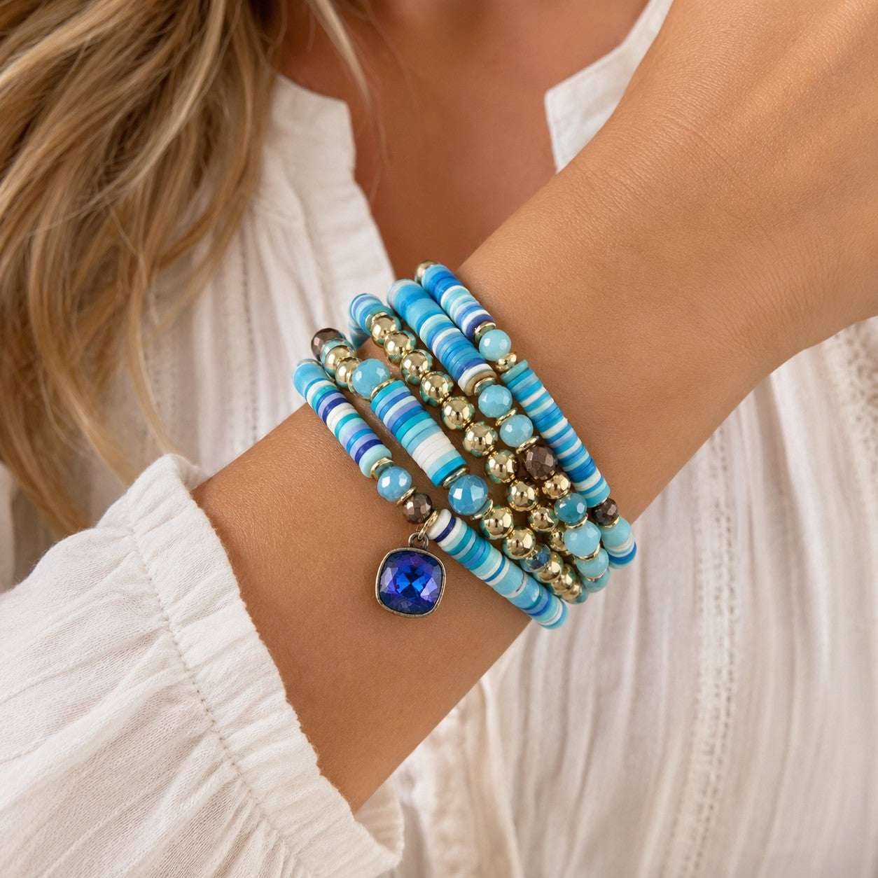 Pink Panache Blue Heishi Bead Bracelet Set with Austrian Crystal Charm-Bracelets-Pink Panache-Deja Nu Boutique, Women's Fashion Boutique in Lampasas, Texas