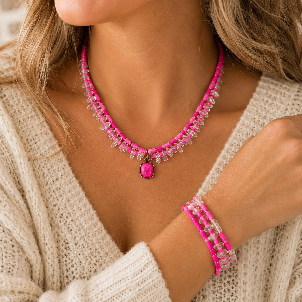 Pink Panache Beaded Two-Strand Necklace with Austrian Crystal - LC-Necklace-Pink Panache-Deja Nu Boutique, Women's Fashion Boutique in Lampasas, Texas