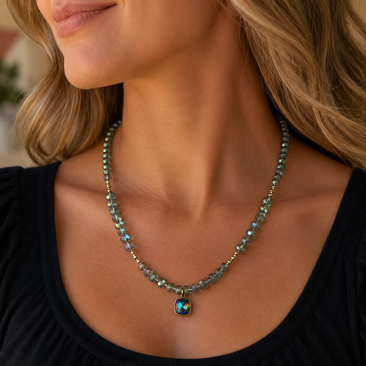 Pink Panache Blue Faceted Heishi Bead Necklace with Austrian Crystal Pendant-Necklace-Pink Panache-Deja Nu Boutique, Women's Fashion Boutique in Lampasas, Texas