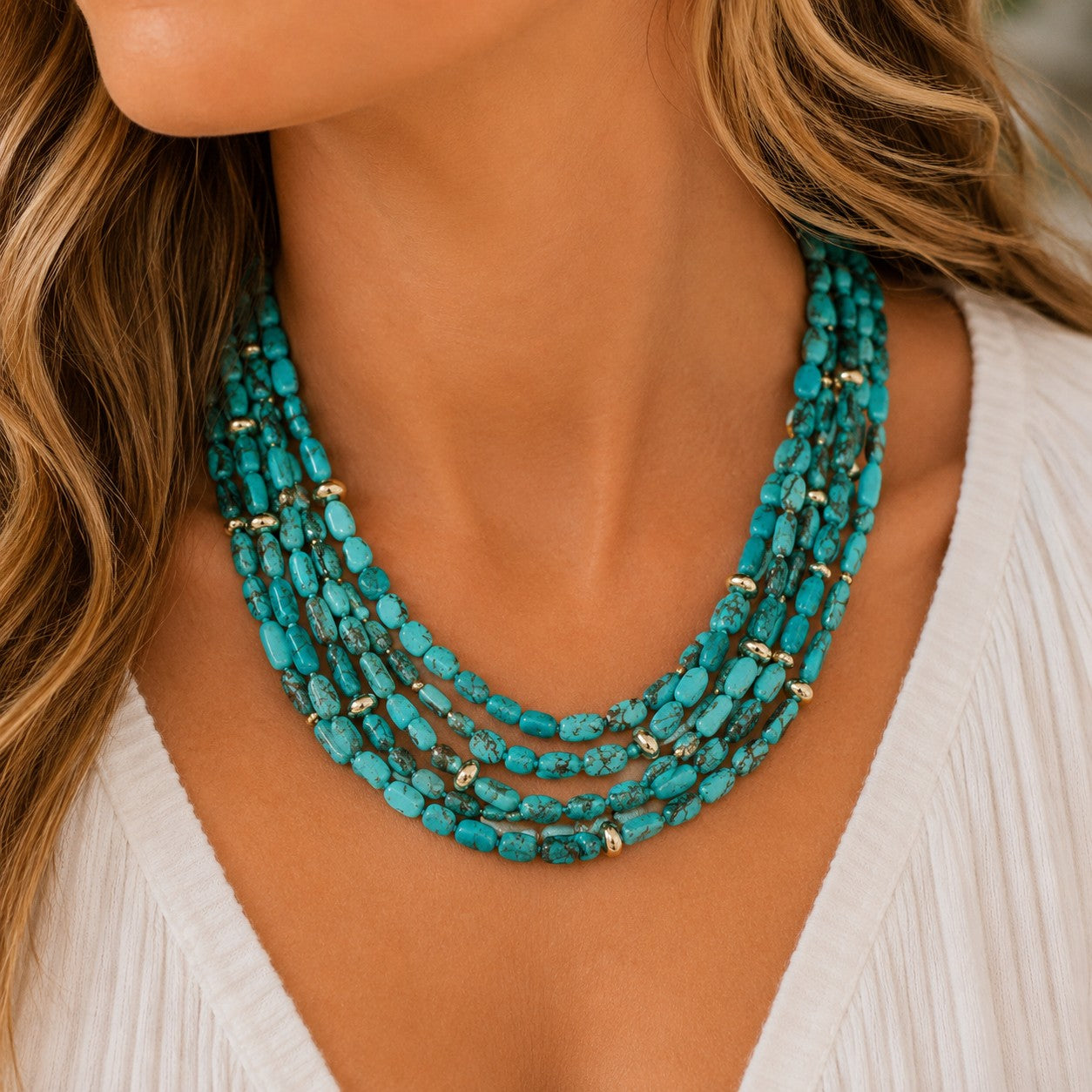 Pink Panache Afghan Turquoise & 18K Gold Dipped Multi-Strand Necklace-Necklace-Pink Panache-Deja Nu Boutique, Women's Fashion Boutique in Lampasas, Texas