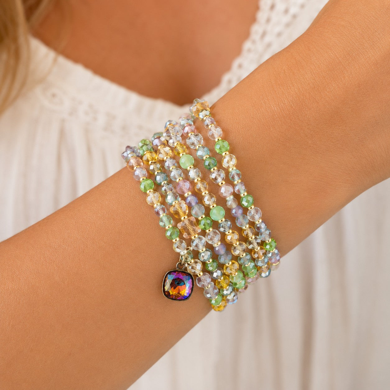 Pink Panache Spring Multi-Color Bead Bracelet with Austrian Crystal Charm-Bracelets-Pink Panache-Deja Nu Boutique, Women's Fashion Boutique in Lampasas, Texas