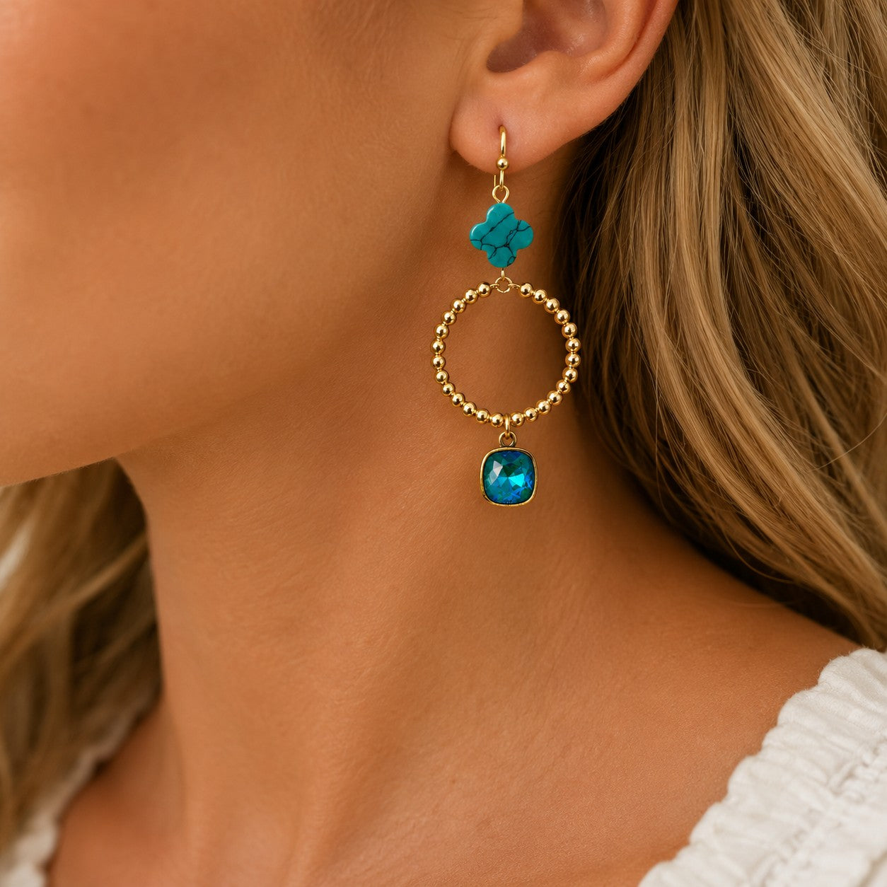 Pink Panache Turquoise Clover Bead Hoop Earrings with Austrian Crystal-Earrings-Pink Panache-Deja Nu Boutique, Women's Fashion Boutique in Lampasas, Texas