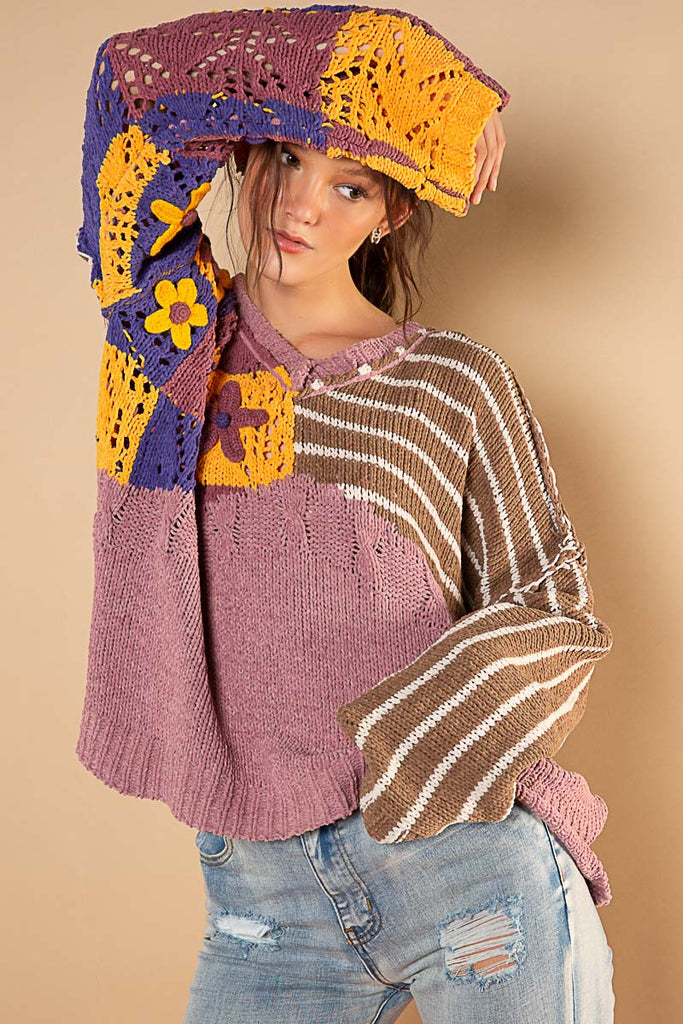 Pol Chenille Pink And Brown Floral Contrast Color Block Crochet Over Sized Sweater-Sweaters-POL-Deja Nu Boutique, Women's Fashion Boutique in Lampasas, Texas