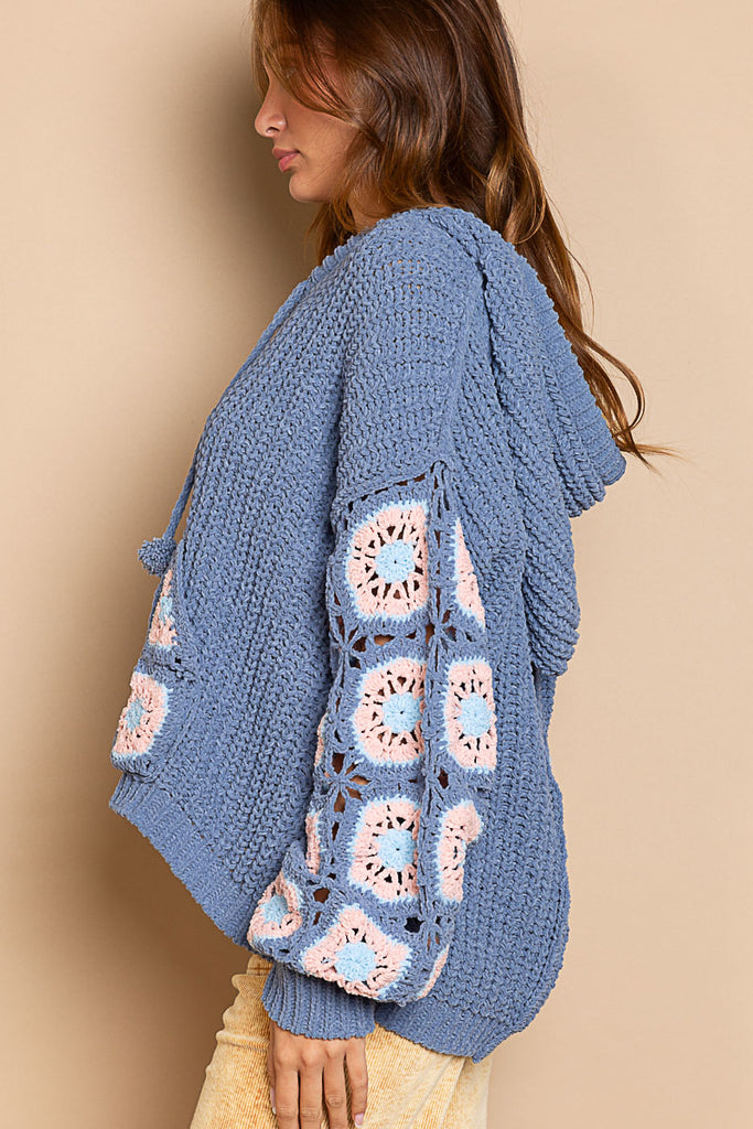Pol Cornflower Blue Crochet Square Patch Hooded Pullover Sweater-Sweaters-POL-Deja Nu Boutique, Women's Fashion Boutique in Lampasas, Texas