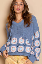 Pol Cornflower Blue Crochet Square Patch Hooded Pullover Sweater-Sweaters-POL-Deja Nu Boutique, Women's Fashion Boutique in Lampasas, Texas