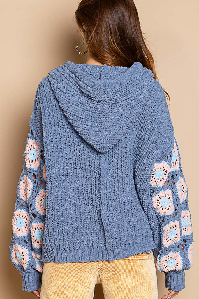 Pol Cornflower Blue Crochet Square Patch Hooded Pullover Sweater-Sweaters-POL-Deja Nu Boutique, Women's Fashion Boutique in Lampasas, Texas