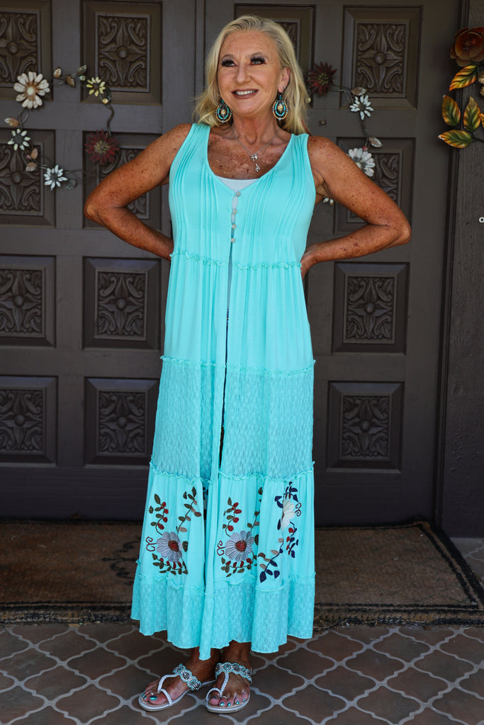 Pol Electric Blue Jersey And Lace Button Long Vest With Embroidered Details-Vest-POL-Deja Nu Boutique, Women's Fashion Boutique in Lampasas, Texas