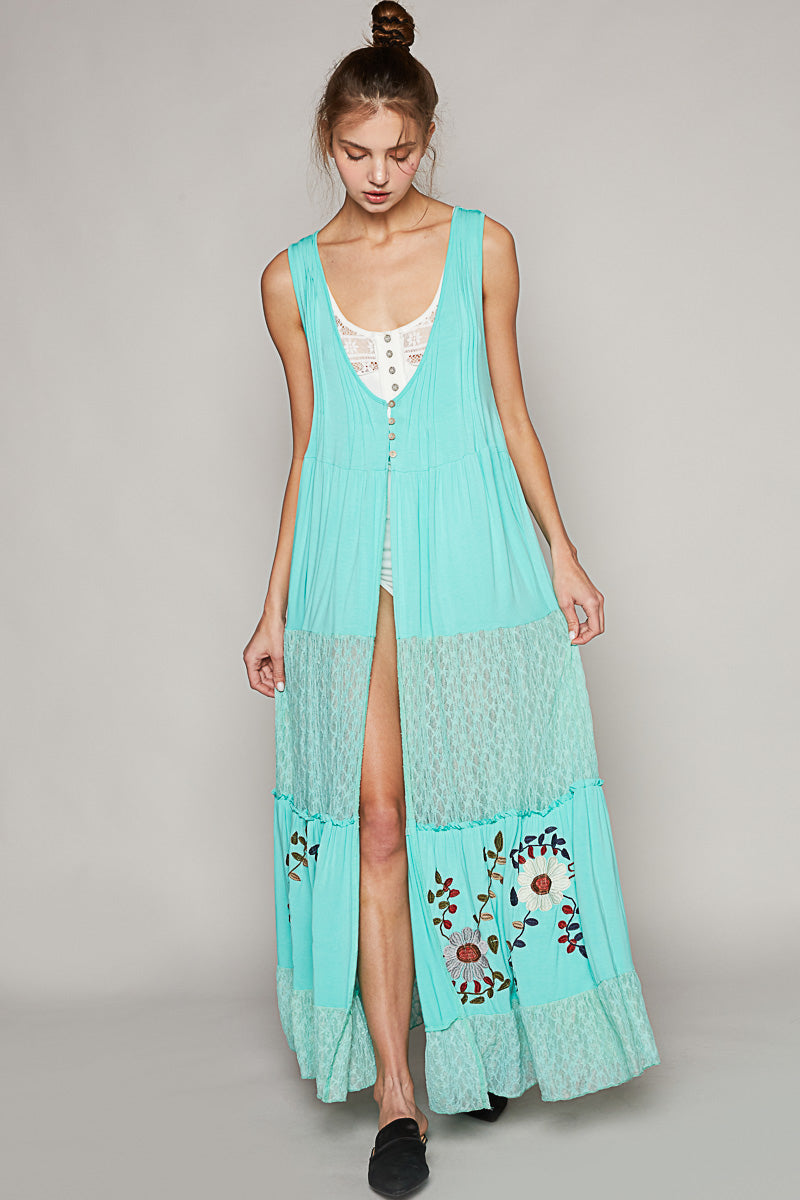 Pol Electric Blue Jersey And Lace Button Long Vest With Embroidered Details-Vest-POL-Deja Nu Boutique, Women's Fashion Boutique in Lampasas, Texas