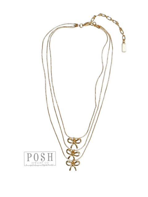 Posh By Pink Panache Gold Three Strand Delicate Chain Necklace With Bow Pendants-Necklaces-Posh Jewelry Co.-Deja Nu Boutique, Women's Fashion Boutique in Lampasas, Texas