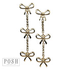 Posh By Pink Panache Three Gold Metal Bow Charms Linked To Rhinestone Chain-Earrings-Posh Jewelry Co.-Deja Nu Boutique, Women's Fashion Boutique in Lampasas, Texas