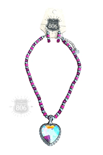 806 By Pink Panache Fuchsia Rhinestone Heart Pendant With Stones Crystals And Beads-Necklaces-806 By Pink Panache-Deja Nu Boutique, Women's Fashion Boutique in Lampasas, Texas