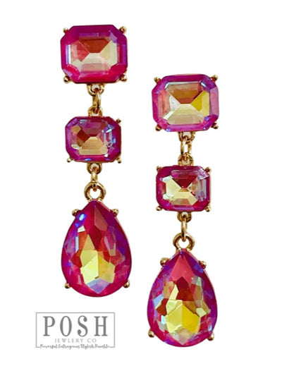 Posh Jewelry Co. Fuchsia Square And Teardrop Rhinestone Earring-Earrings-Posh Jewelry Co.-Deja Nu Boutique, Women's Fashion Boutique in Lampasas, Texas