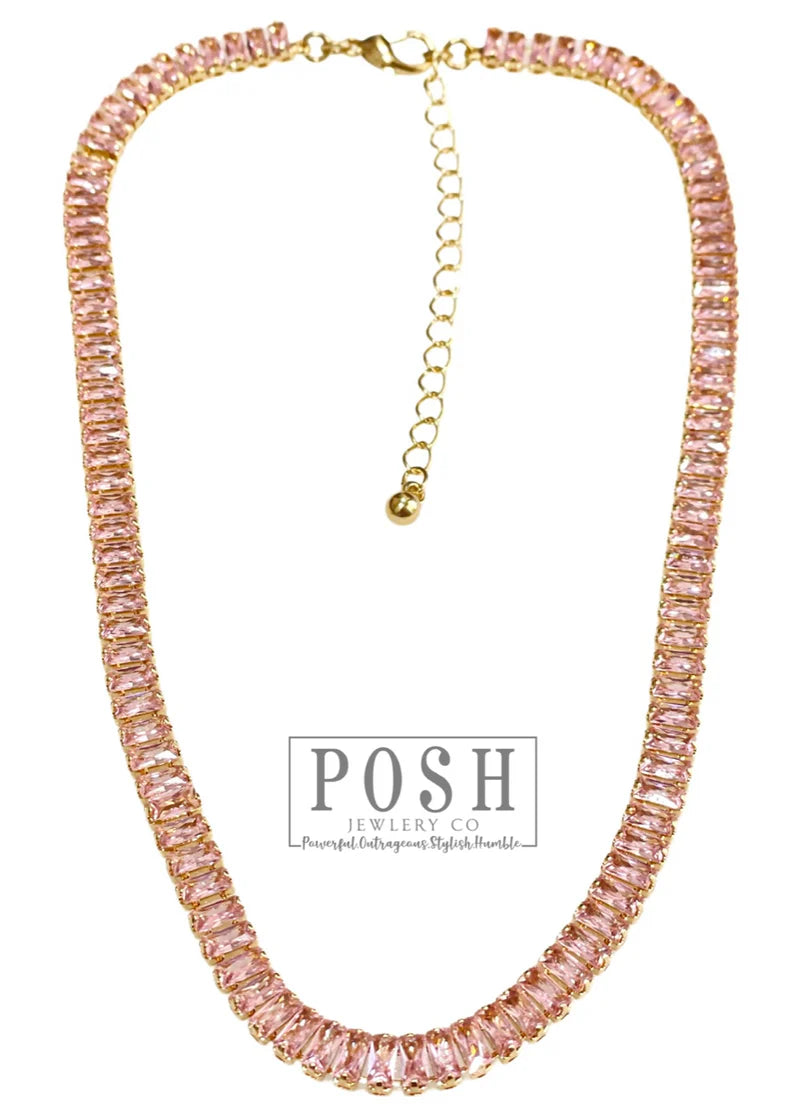 Posh Jewelry Co. Pink Baguette Rhinestone Tennis Necklace-Necklaces-Posh Jewelry Co.-Deja Nu Boutique, Women's Fashion Boutique in Lampasas, Texas