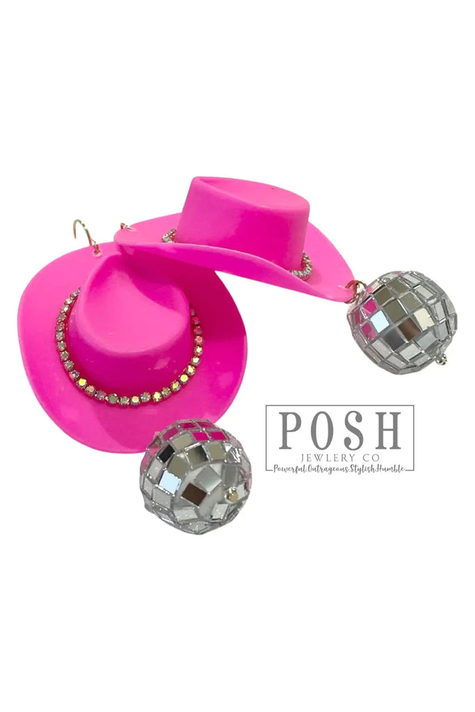 Posh Jewelry Co. Rhinestone Rimmed Cowboy Hat Disco Ball Earring-Earrings-Posh Jewelry Co.-Deja Nu Boutique, Women's Fashion Boutique in Lampasas, Texas