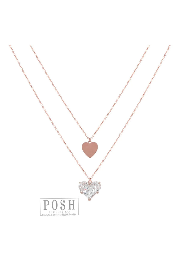 Posh Jewelry Co. Rose Gold Double Chain Necklace With Flat Heart And Faceted Heart Shaped Rhinestone-Necklaces-Posh Jewelry Co.-Deja Nu Boutique, Women's Fashion Boutique in Lampasas, Texas