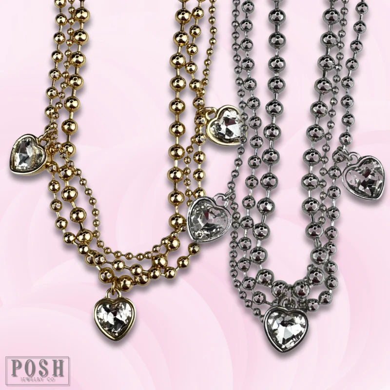 Posh Jewelry Co. Three Strand Rhinestone Heart Charm Necklace In Gold Or Silver-Necklaces-Posh Jewelry Co.-Deja Nu Boutique, Women's Fashion Boutique in Lampasas, Texas