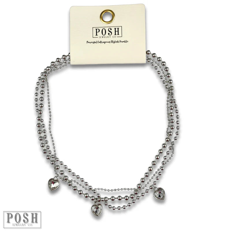 Posh Jewelry Co. Three Strand Rhinestone Heart Charm Necklace In Gold Or Silver-Necklaces-Posh Jewelry Co.-Deja Nu Boutique, Women's Fashion Boutique in Lampasas, Texas