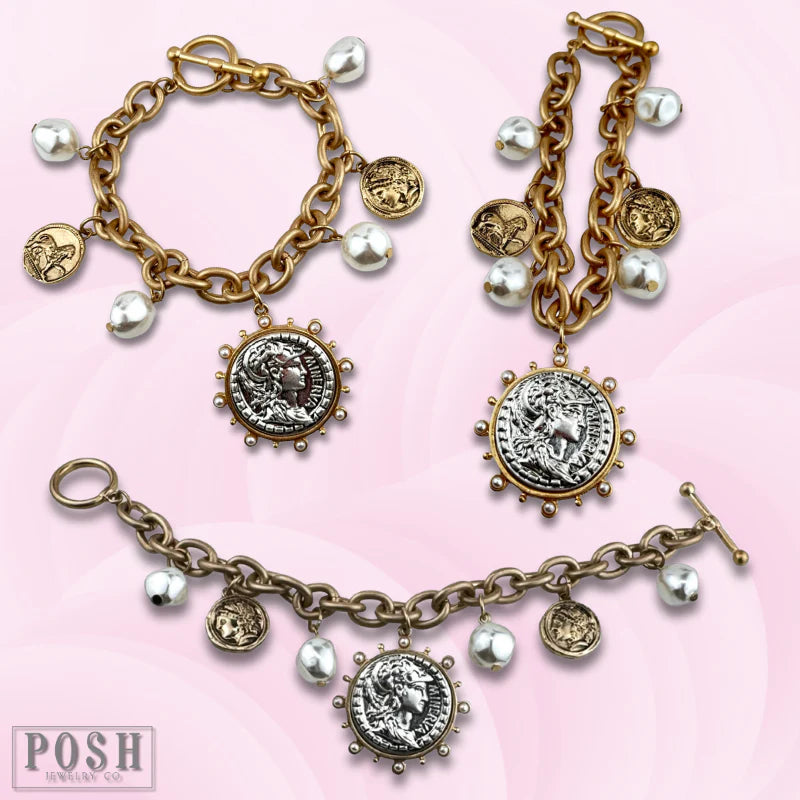 Posh Jewelry Co. Gold Coin and Pearl Bead Charm Bracelet-Bracelets-Posh Jewelry Co.-Deja Nu Boutique, Women's Fashion Boutique in Lampasas, Texas