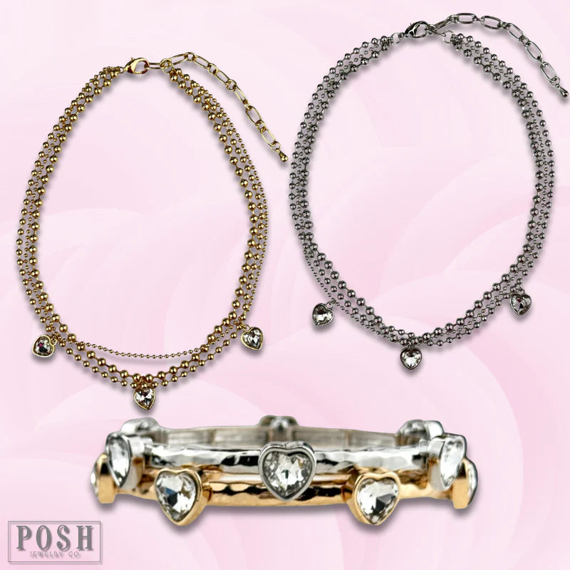 Posh Jewelry Co. Three Strand Rhinestone Heart Charm Necklace In Gold Or Silver-Necklaces-Posh Jewelry Co.-Deja Nu Boutique, Women's Fashion Boutique in Lampasas, Texas