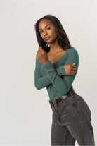 Project Social T Alejandra Notch Neck Cozy Rib Long Sleeve Top in Deep Green-Tops-Project Social T-Deja Nu Boutique, Women's Fashion Boutique in Lampasas, Texas