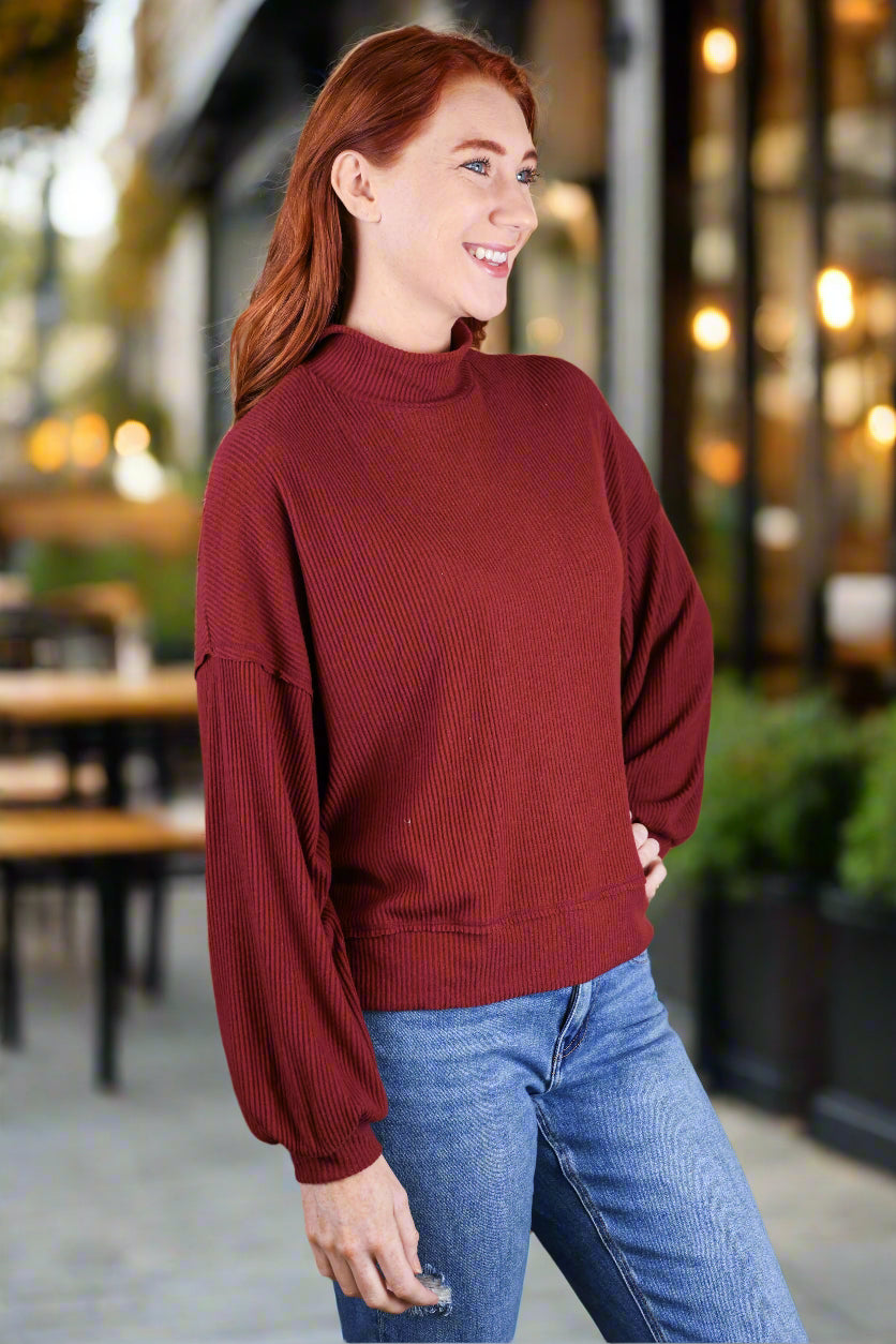 Project Social T Becca Cozy Rib Funnel Neck Top In Spiced Copper-Tops-Project Social T-Deja Nu Boutique, Women's Fashion Boutique in Lampasas, Texas