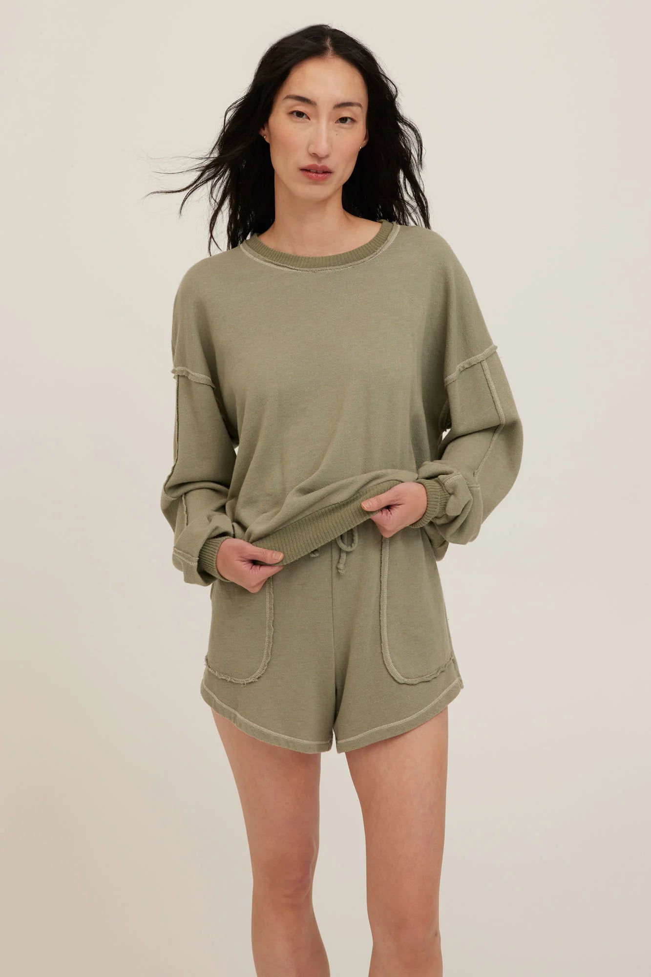 Project Social T Greene Heathered Contrast Stitch Short – Sage Leaf-Shorts-Project Social T-Deja Nu Boutique, Women's Fashion Boutique in Lampasas, Texas