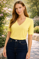 Project Social T Jude V-Neck Elbow Sleeve Tee in Butter Yellow-T-Shirts-Project Social T-Deja Nu Boutique, Women's Fashion Boutique in Lampasas, Texas