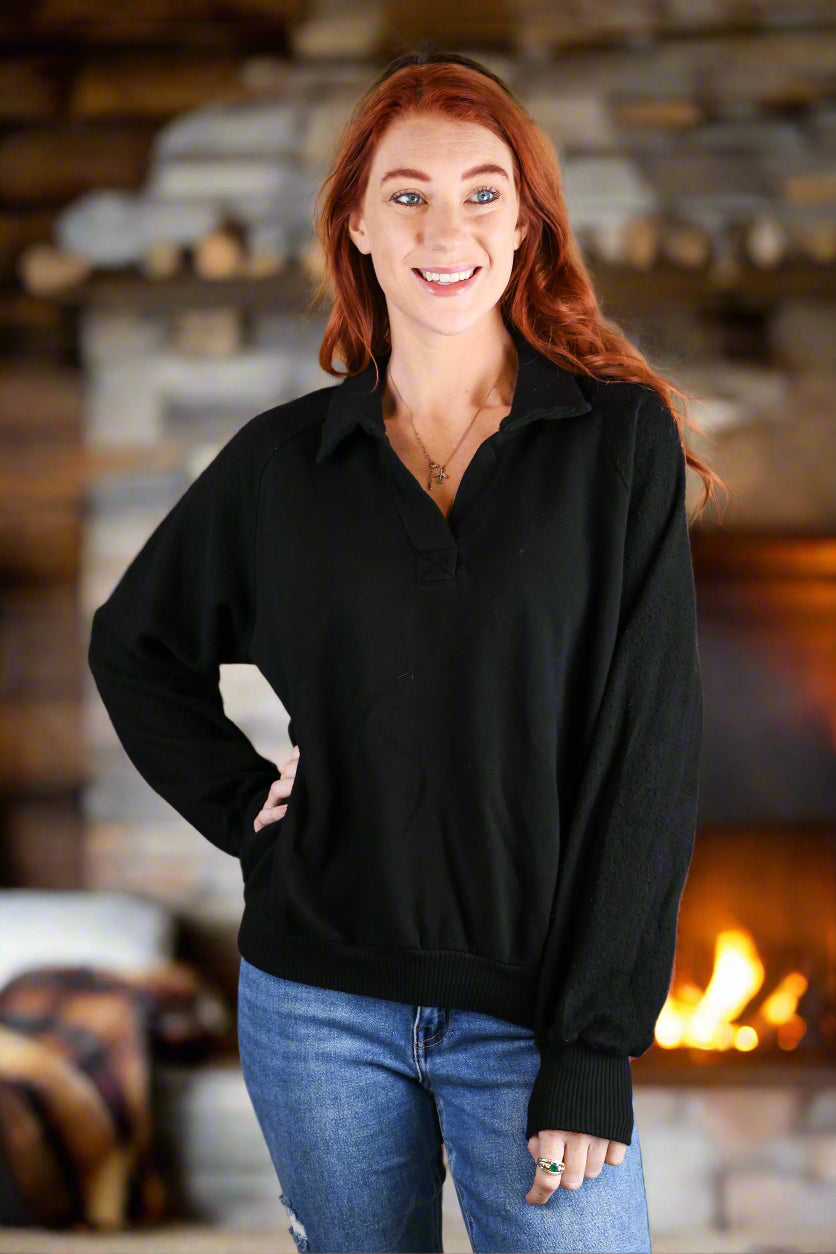 Project Social T Mari Mixed Fleece Collared Pullover In Black-Tops-Project Social T-Deja Nu Boutique, Women's Fashion Boutique in Lampasas, Texas