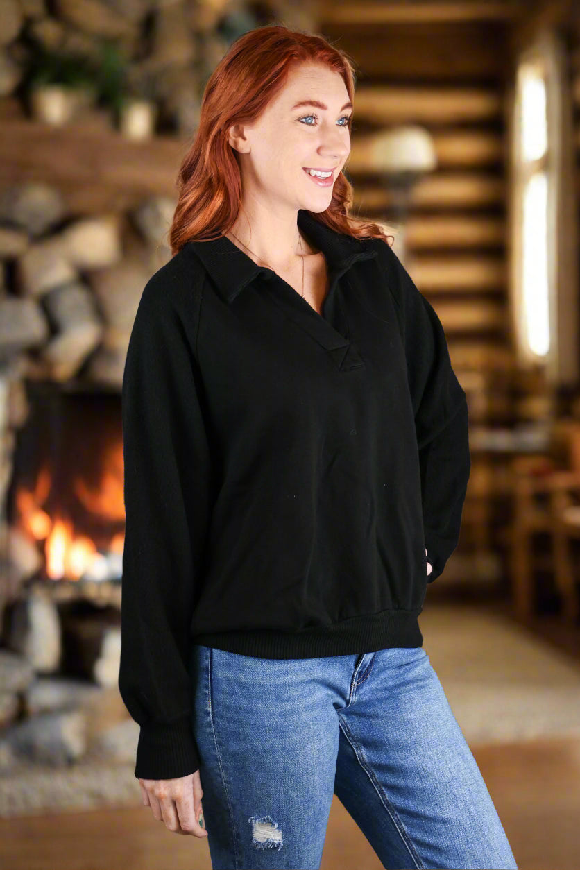 Project Social T Mari Mixed Fleece Collared Pullover In Black-Tops-Project Social T-Deja Nu Boutique, Women's Fashion Boutique in Lampasas, Texas