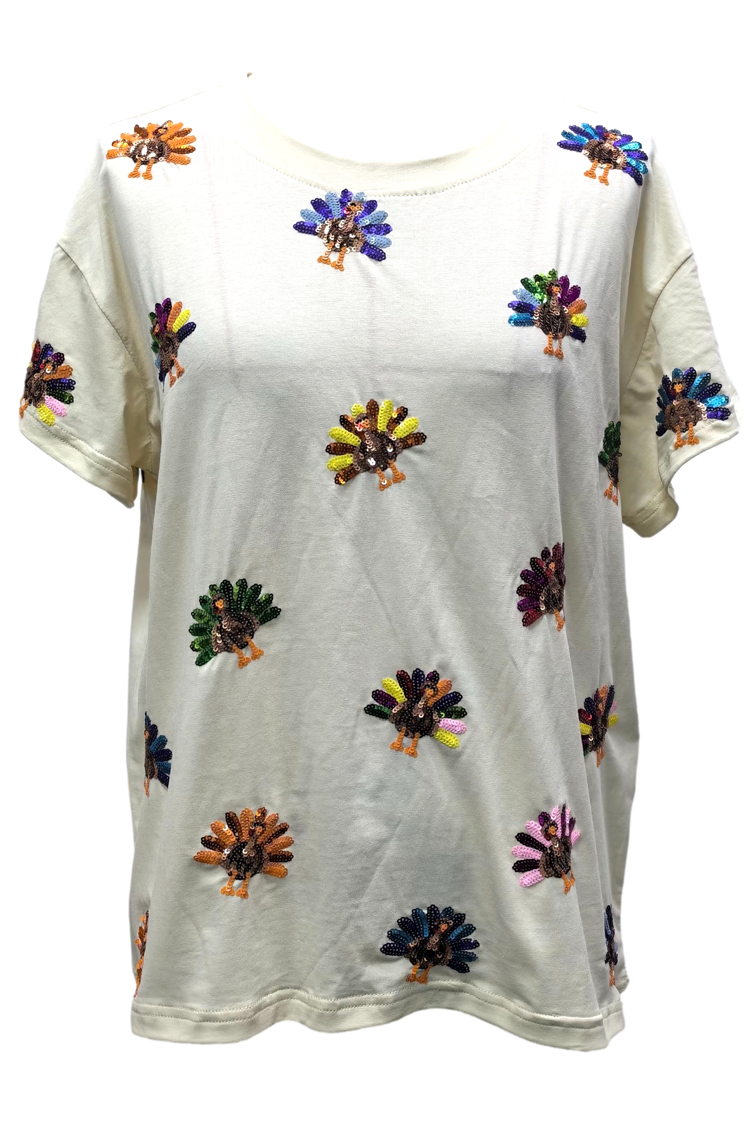 Queen Of Sparkles Beige Multi Scattered Turkey Tee-Tops-Queen Of Sparkles-Deja Nu Boutique, Women's Fashion Boutique in Lampasas, Texas