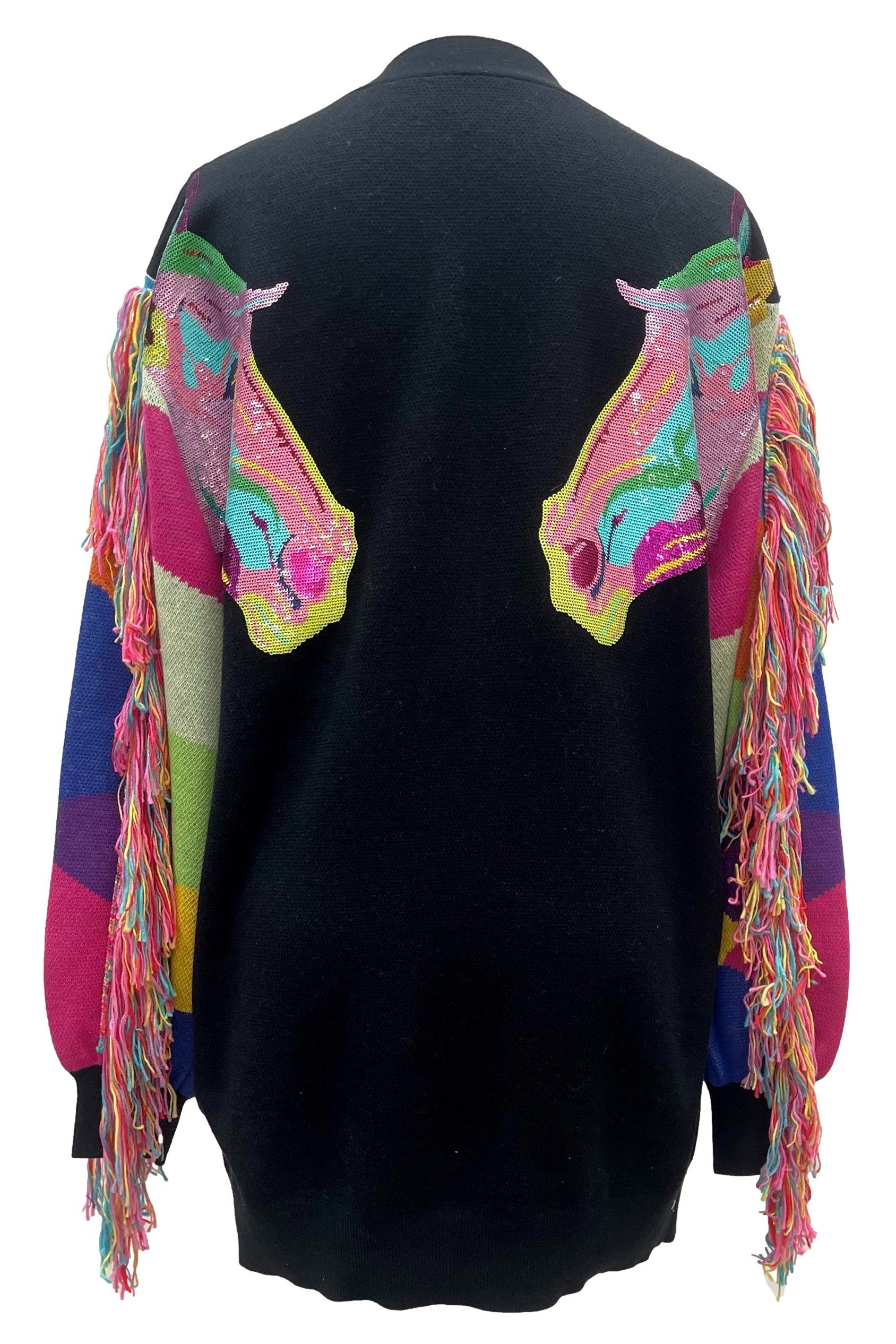 Queen Of Sparkles Black Fringe Rainbow Horse Heads Cardigan/Dress-Sweaters-Queen Of Sparkles-Deja Nu Boutique, Women's Fashion Boutique in Lampasas, Texas